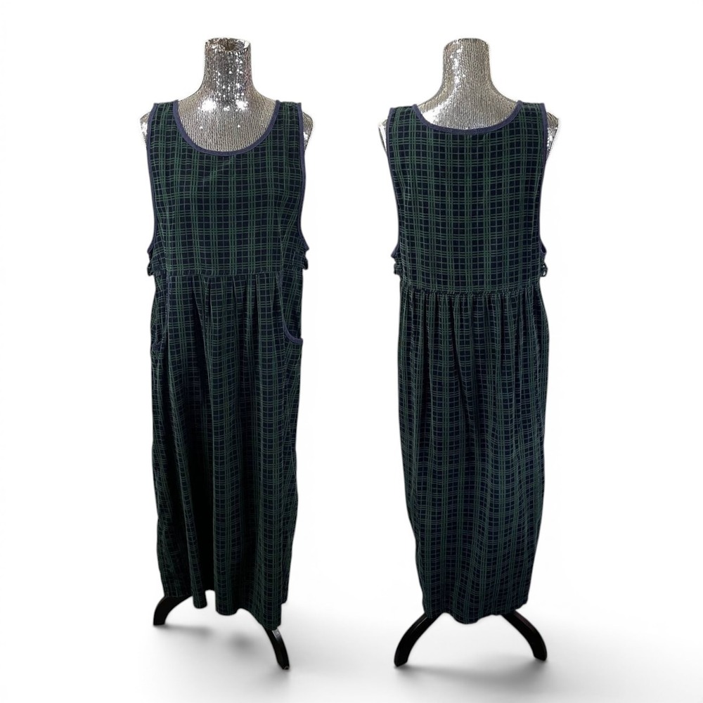 Vintage Erika & Co Corduroy Jumper Dress Green Plaid Cottage Pockets Cotton L